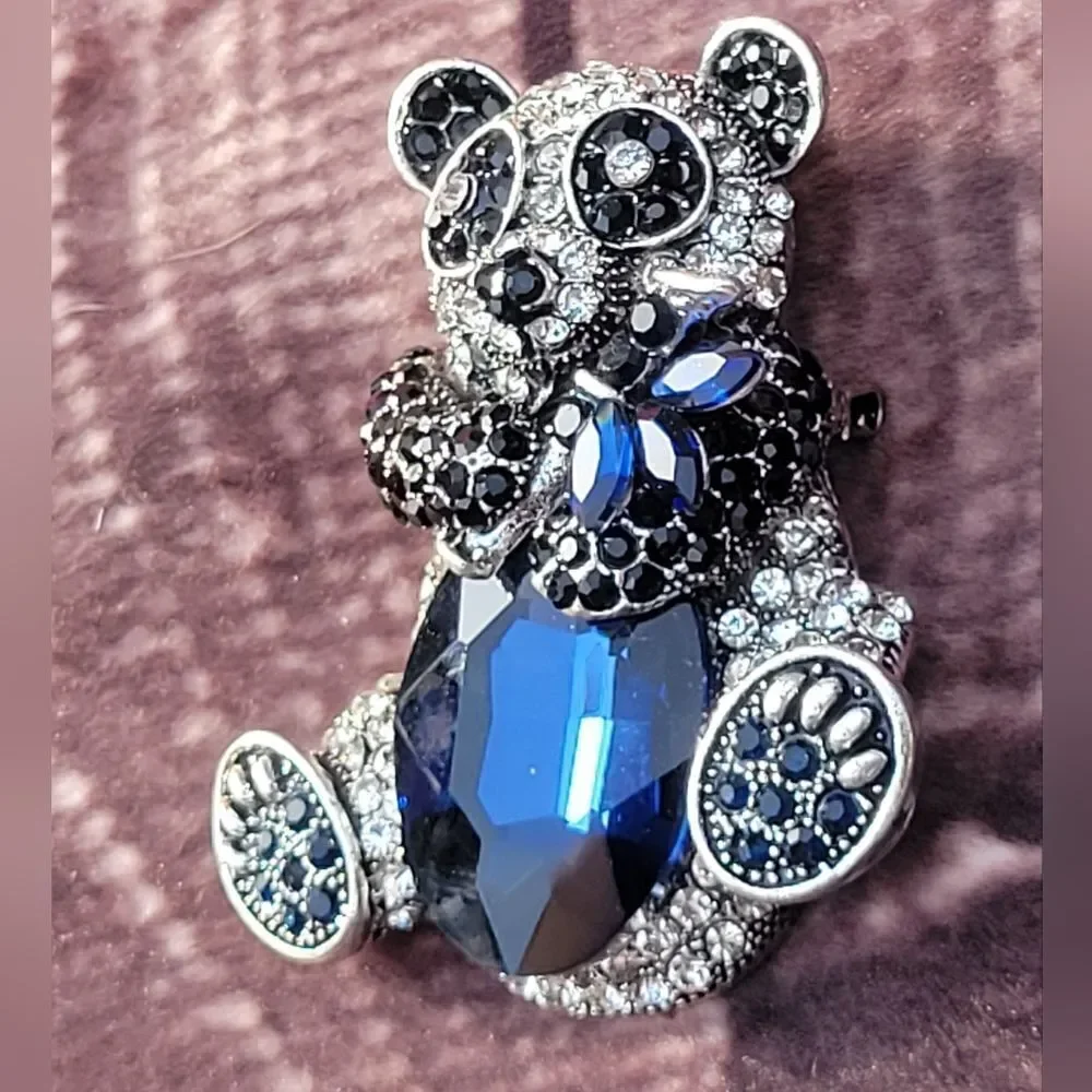 Crystal Blue Glass Panda Brooch